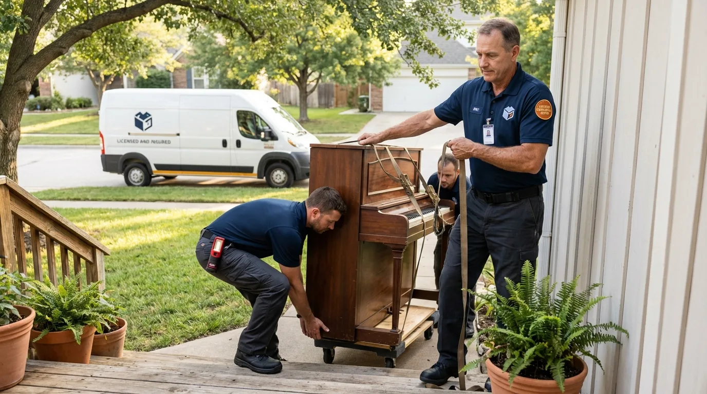Licensed piano movers securing grand piano in Oak Harbor, OH