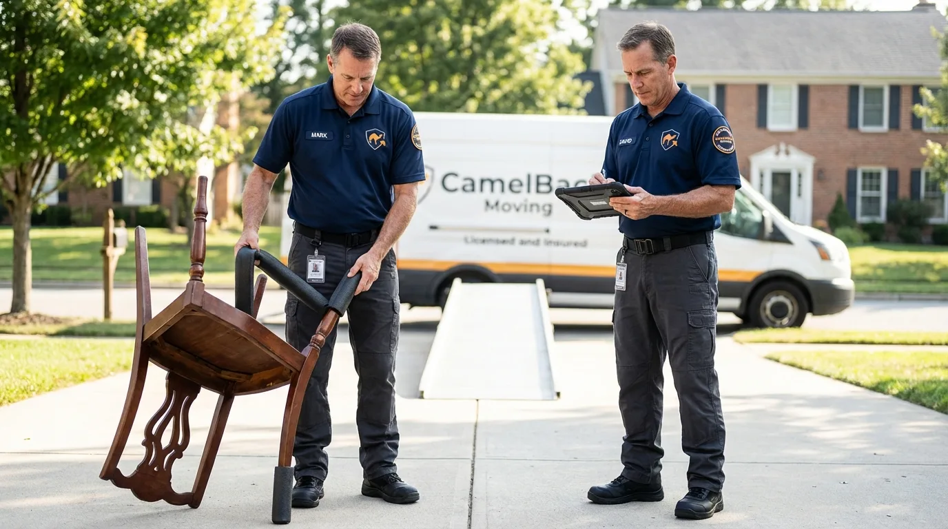 Movers inspecting furniture for damage prevention before loading in Oak Harbor, OH